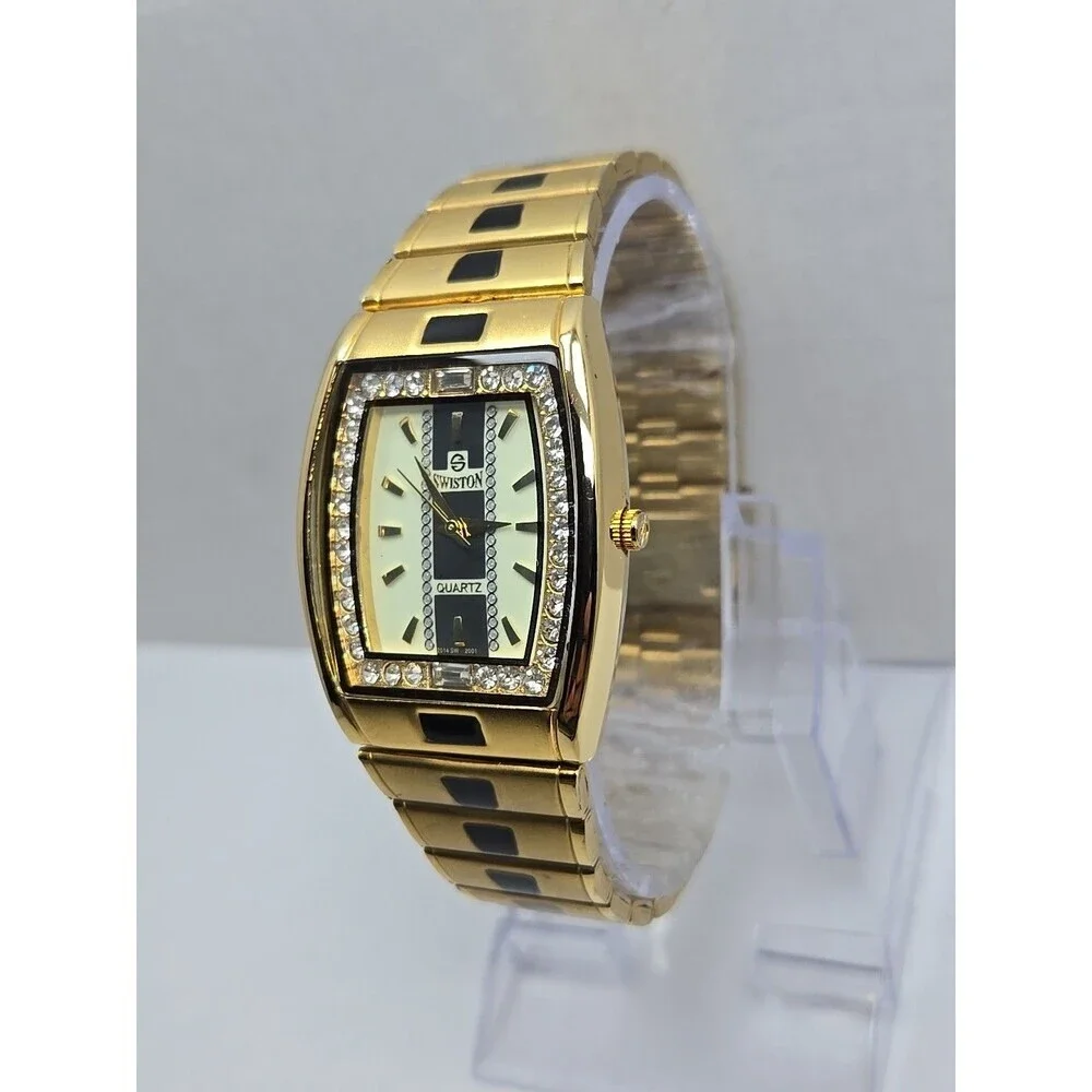 Swiston SW2001M Mens 18K Electro Plated Gold Crystal Tank Watch New Battery